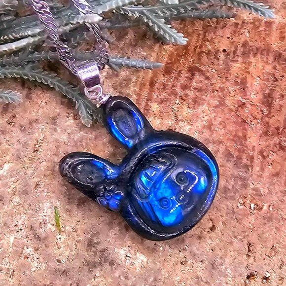 Nature Labradorite Carved Flashy Cute Rabbit Girl Pendant Necklace - Picture 8 of 10